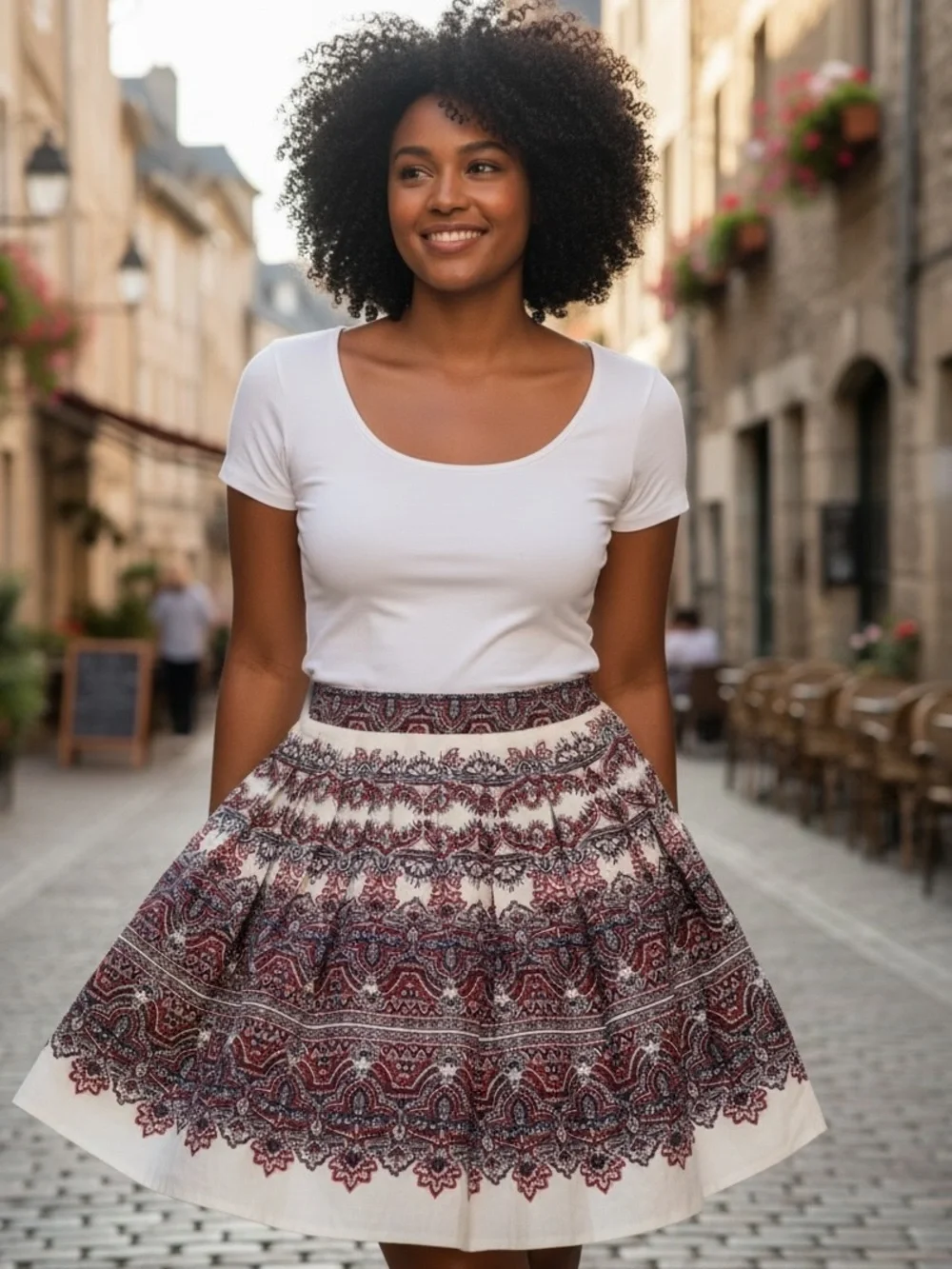 Y2K TALBOTS PAISLEY WHITE, RED, & NAVY BOHO PLEATED COTTON SKIRT W DEEP HEM 12P